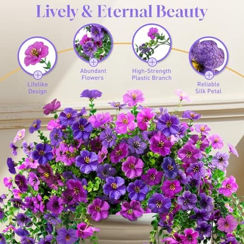 BlessedSeason 2 Pcs Artificial Hanging Flowers, UV Resistant Fake Flowers with Flexible Stems, Full Bundle Faux Flowers for Outdoor Planters, Zero Maintenance for Patio, Garden, Balcony, Double Purple view 4