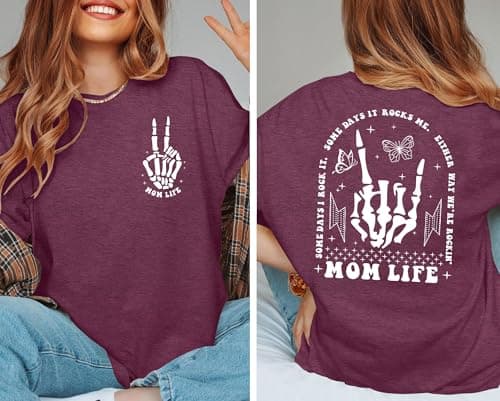 Ithalt Womens Mama Shirt Mom Life Shirts Skeleton Mother Printed T-Shirt Rock and Roll Short Sleeve Tops view 5