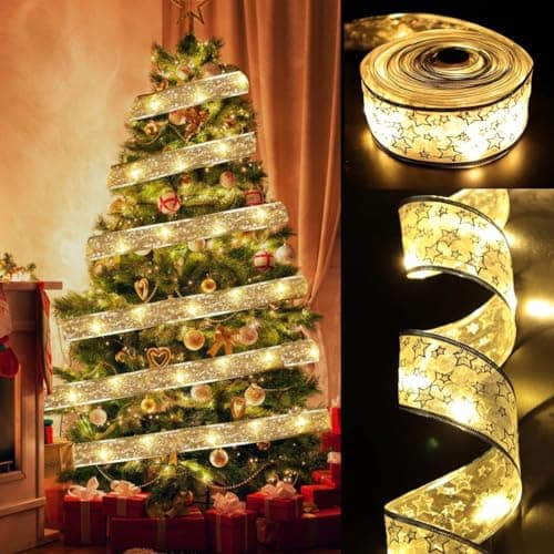 Christmas Tree Decorations Ribbon Lights, 32ft 100 LED String Lights, Battery-Powered Copper Wire Christmas Tree Ribbon Lights for Holiday Party Weddings Indoor Christmas Tree Decorations (Gold) — image 1