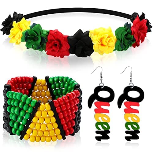Hanaive 3 Pcs Jamaica African Jewelry Sets for Women,Black History Outfits for Women,Rasta Beaded Bracelet, Flower Crown Headband, Queen Dangle Earring in Rasta Color, Rastafari Pride Accessories — image 1