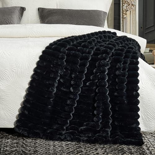 Cozy Bliss Faux Fur Throw Blanket for Couch, Cozy Warm Plush Striped Blanket for Sofa Bedroom Living Room, 50 * 60 Inches Black view 6