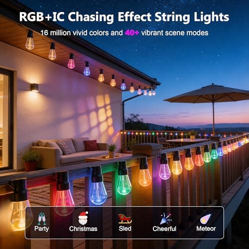 Beizelte Outdoor String Lights, 150FT RGB+IC Outside Light Dimmable Shatterproof LED Bulbs, IP67 Waterproof Chasing Effect Lighting DreamColor Patio Strip Lights for Backyard, Balcony, Outdoor Living view 3