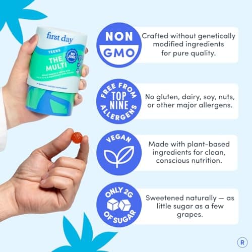 FIRST DAY Methylated Teen Multivitamin - Vitamins for Girls & Boys 12–17 with Organic Fruit & Veggie Blend, 12 Essential Nutrients (A, B Complex, C, D3, E, K2), 30 Day Supply view 7