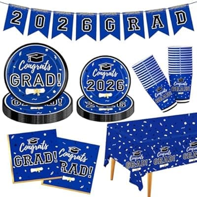 Graduation Decorations 2026 Disposable Blue Graduation Tableware Kit for 25 Guests Plates Napkins Cups Tablecloth Hanging Graduation Party Decorations 2026