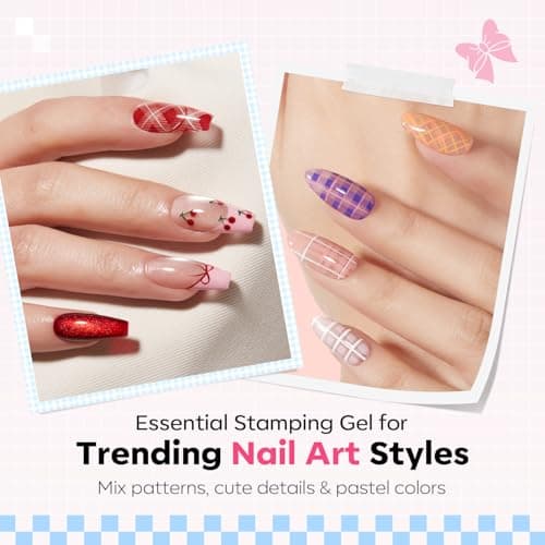 Modelones 16PCS Plaid Nail Stamping Kit – French Tip Stamper White Black Painting Gel Polish Chrome Powder Proof Matte Gel Top Coat Gingham Template Dual Nail Art Brush Spring Manicure Gift for Women view 2