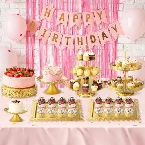 OdoVow 7 Pcs Cake Stand Gold Metal Dessert Table Display Set, 3-Tier Cupcake Stand, Cake Display Tower and Cookie Tray Rack Serving Tray for Birthday Party, Weddings, Baby Shower (Gold) view 2
