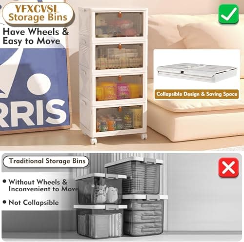 YFXCVSL 4 Tier Plastic Storage Bins with Lid 23QT, Stackable Storage Containers with Wheels, Folding Storage Boxes, Stackable Storage Bins, Organizers and Storage for Living Room,Office,Dorm view 4