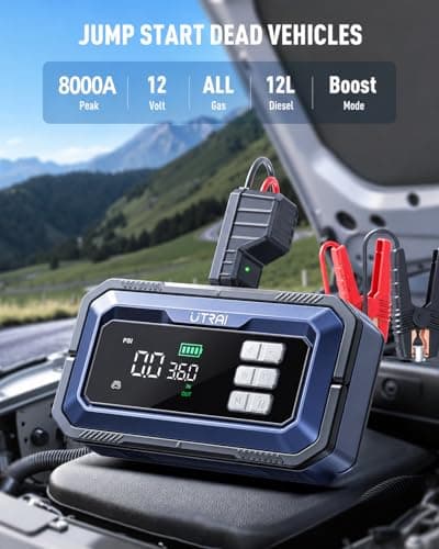 UTRAI 12V 8000A Portable Jump Starter with Air Compressor, 150PSI Inflator | 8000A Car Battery Booster Pack,All Gas/12L Diesel,150PSI Auto-Off Tire Inflator,OBD2 Scanner,160W DC Out,2000LM LED,Emergency view 6