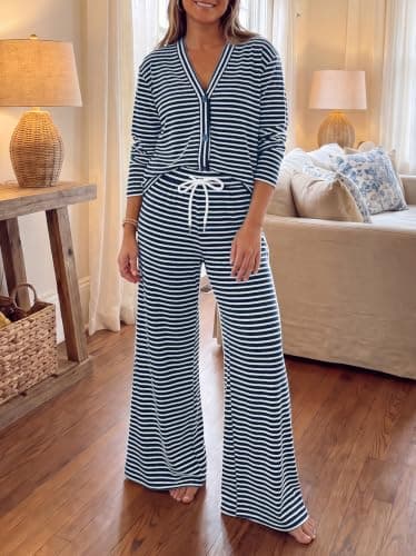 Fisoew Womens 2 Piece Lounge Set Striped Cardigan Pant Sets Travel Outfits view 3