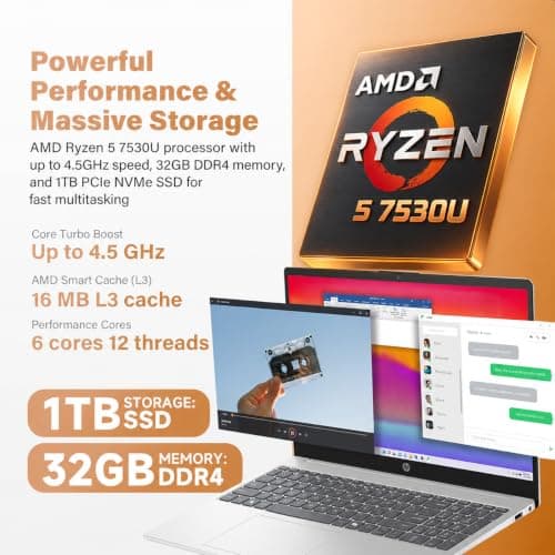 HP 15.6" FHD Touchscreen Laptop, AMD Ryzen 5 7530U, 32GB RAM, 1TB SSD | Backlit Keyboard with Numeric Keypad, Fast Charge, Windows 11 Pro, Lightweight Business Laptop for Home Work & Study view 3