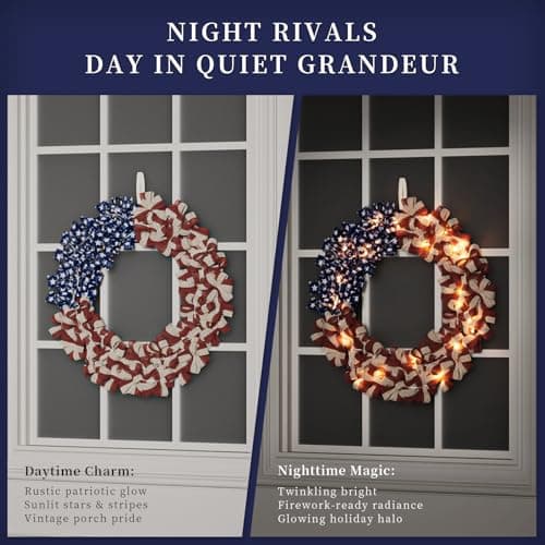 Patriotic Wreath 18 Inch American Flag Wreath for Front Door, Burlap Red White and Blue Decor with Stars Stripes and Timer-Equipped Light Strip for 4th of July Memorial Day Veterans Day view 5