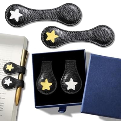 2Pcs Magnetic Leather Bookmarks with Gift Box, Magnetic Pen Holder Book Marks Clip Gift for Book Lover Readers Men Women Teachers Students, Star (Black+Black)