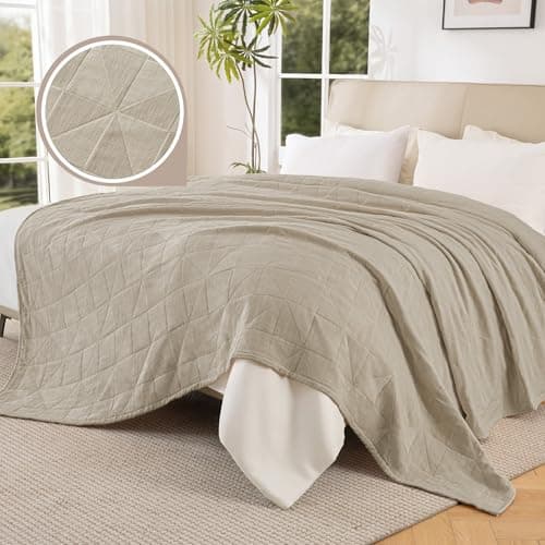 Exclusivo Mezcla 100% Cotton 4 Layers Muslin Blanket Queen Size for Bed, Moisture-Wicking and Breathable Gauze Blanket with Geometric Pattern for Year Round Comfort, 90"x90", Khaki view 2