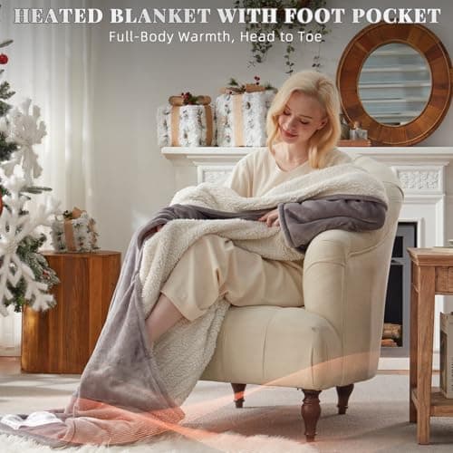 Wearable Electric Heated Blanket with Foot Pocket & Sleeves, 50"x70", Grey view 6