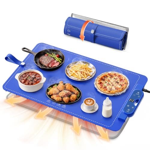 FJAU Warming Mat for Food， Extra Large 26"x15", 7 Heat Levels, 8 Hour Timer | Electric silicone heating mat for food, countertop warming trays, warming pads for buffets, chafing dishes and parties, Blue — image 1
