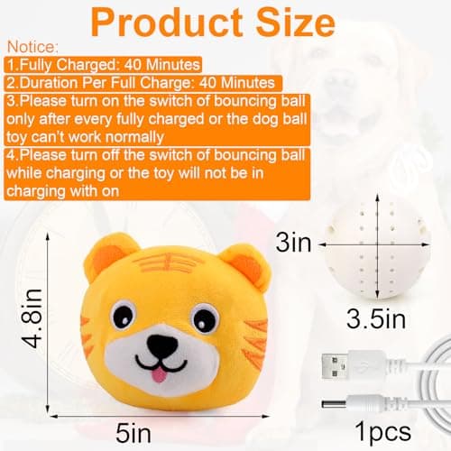 Mity rain Interactive Dog Toys, Active Moving Pet Plush Toy for Dogs, Dog Squeaky Moving Ball Toys with Chewable Plush Cover&Music for Small Medium Large Dogs Chasing (Tiger Pattern) view 7