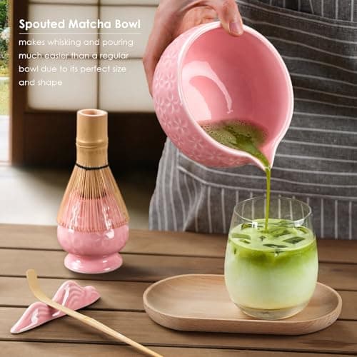 7Pcs Matcha Whisk Set, Matcha Set Whisk and Bowl,Bamboo Scoop, Scoop Rest, Sifter and Tea Towel, Matcha Kit W/Carved Cherry Blossm Pattern for Matcha Lovers (Sakura Pink) view 6