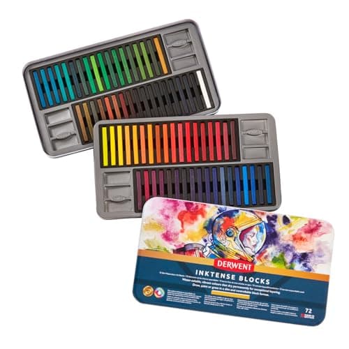 Derwent Inktense Blocks 72 Tin, Set of 72, 8mm Block, Soft Texture, Watersoluble, Ideal for Watercolor, Drawing, Coloring, Crafts and Painting on Paper and Fabric, Professional Quality (2301980)