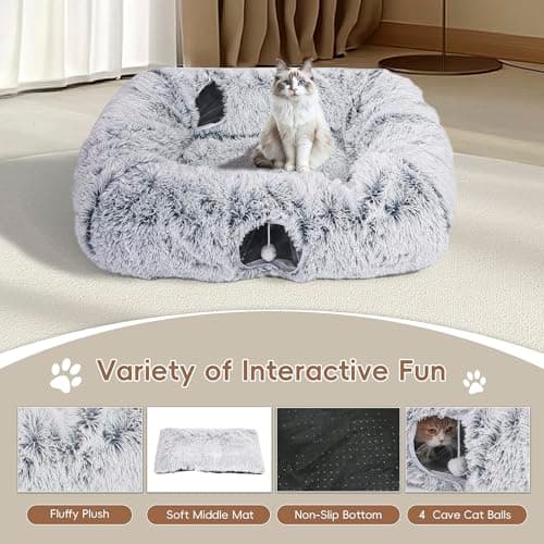 Extra Large Cat Tunnel Bed, 4 Ways Tunnels for Indoor Cats, Multi-cat Family Cat Bed & Cave, Plush Cat Donut with Washable Middle Mat, Exit Balls, Pet Play Toy for Kitten Puppy Rabbit view 5