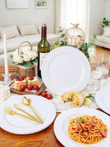 PULOTE 100PCS White Plastic Plates - 10 Inch Heavy Duty White Dinner Plates Disposable for Party & Wedding view 5