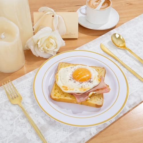 PULOTE 100PCS Gold Plastic Plates - 10 Inch White with Gold Trim Plastic Dinner Plates Disposable for Dinenr, Party, Wedding & Thanksgiving view 2