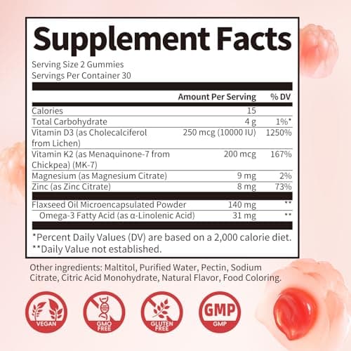 Vitamin D3 K2 Gummies, 5,000 IU / 10,000 IU D3 + 200 mcg MK-7, 120 Count | 6-in-1 Formula with Omega-3, Magnesium & Zinc for Enhanced Absorption. Supports Bone, Teeth & Heart Health, Sugar-Free Vegan view 2