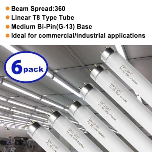 F15T8/DL 18 Inches T8 15 Watt Fluorescent Tube Compatible for Sylvania GE Eiko F15/T8/D Daylight 6500K G13 Bi-Pin Base 6 Count view 4