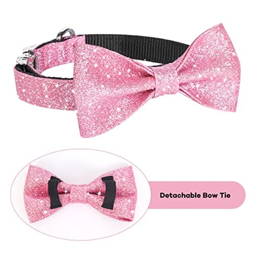 Jumpress Bling Dog Bow Tie Collar for Puppy Small Medium Dogs, Cute Pink Girl Dog Collar with Bow for Daily Walking or Holiday Party (Neck fit 11-16’’) view 3