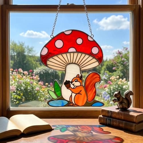 Squirrel Mushroom Stained Glass Suncatcher for Window Hanging Ornaments Animals Theme Glass Art Sun Catcher Home Decor Handmade Funny Mushroom Squirrel Gifts for Squirrel Lovers — image 1