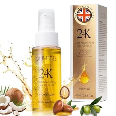 Oumigiz 24K Gold Hair Oil Made in the UK – Repair & Shine Serum with Coconut, Argan & Olive Oils – Vegan Heat Protectant, Frizz Control for Dry, Damaged Hair (2.02 Fl Oz (Pack of 1))