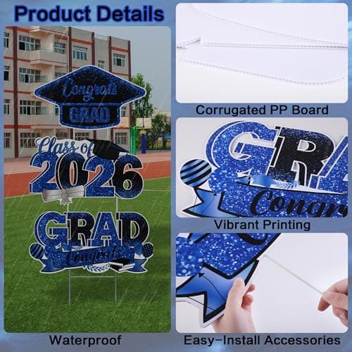 Vivantia Graduation Yard Signs Class of 2026, 3-Pack Blue Congrats Grad Yard Sign with Metal Stakes and Whiteboards for Graduation Party Decorations Outdoor Party Supplies view 3