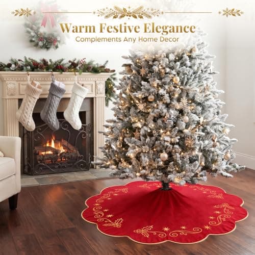 VOXOR 48 Inch Christmas Tree Skirt, Large Red Velvet Tree Skirt with Gold Embroidery, Vintage Tree Skirts with Hook and Loop Closure for 7 & 7.5 & 8 Feet Trees, Xmas Decorations for Home Living Room view 3