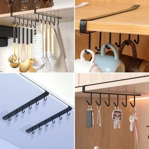 2 Pack Storage Mug Hooks Rack Under Cabinet Each with Fixed Sticker, 6 Hooks Cup Holder Hanger, Ties Belts Scarf Hanging Hook Rack, Mug Hook Hanger Under Shelf Without Drilling Kitchen Utensil Hanger view 7