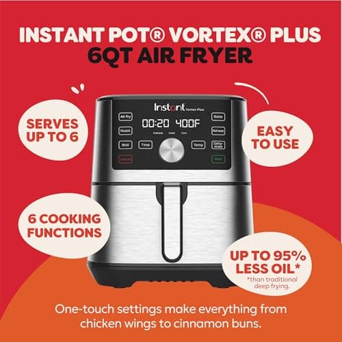 Instant Pot 6QT VORTEX Plus Air Fryer, 6-in-1, Air Fry, Broil, Dehydrate, Crisp, Roast, Reheat, Bake, Dishwasher-Safe Airfryer basket, from the Makers of Instant Pot, Stainless Steel view 2