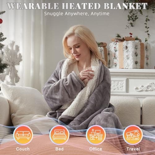 Wearable Electric Heated Blanket with Foot Pocket & Sleeves, 50"x70", Grey view 5