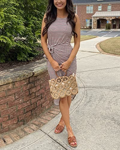 NOLLSOM Women Casual Sleeveless Striped Tank Midi Dresses Halter Neck Ruched Bodycon Dresses Tie Waist T Shirt Summer Dress view 3