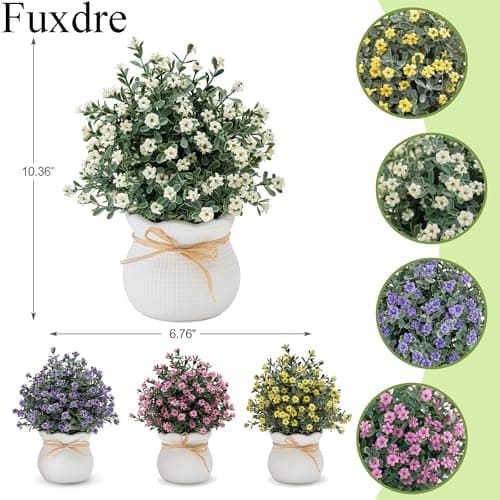 Fuxdre 2 Packs Small Fake Plants Mini Artificial Faux Plants with Flowers for Kitchen Office Home Room Farmhouse Bathroom Coffee Table Decor(Purple & White) view 3