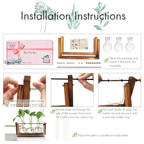 XXXFLOWER Plant Terrarium with Wooden Stand, Air Planter Bulb Glass Vase Metal Swivel Holder Retro Tabletop for Hydroponics Home Garden Office Decoration - 3 Bulb Vase view 4
