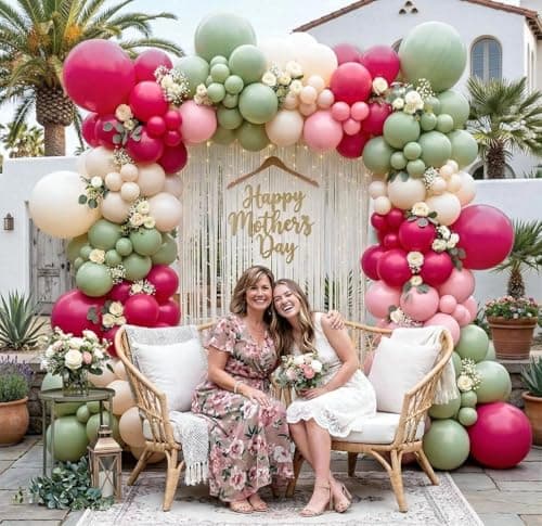 Hot Pink and Sage Green Balloon Garland Arch Kit, Double Stuffed Dusty Green Magenta & Ivory Balloon Decorations for Baby Shower, Garden Bridal Wedding, Tropical Birthday, Boho Tea Party view 7