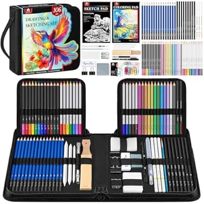 106 PCS Art Supplies Sketching Kit, Pro Drawing Pencils with 3-Color Sketchbook, Coloring Book, Colored Graphite Charcoal Watercolor & Metallic Pencils, Drawing Supplies Gifts for Artists Adults