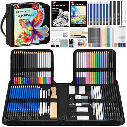 106 PCS Art Supplies Sketching Kit, Pro Drawing Pencils with 3-Color Sketchbook, Coloring Book, Colored Graphite Charcoal Watercolor & Metallic Pencils, Drawing Supplies Gifts for Artists Adults — image 1