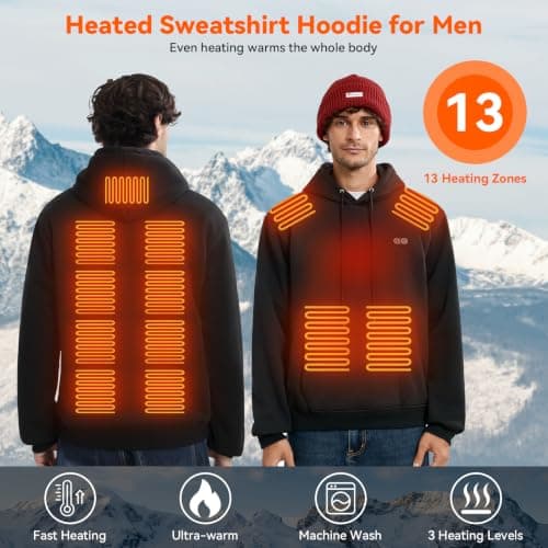 CHANGEOWN Mens Heated Pullover Hoodie with Battery, 13 Heating Zones, Lightweight Electric Heating Hooded Sweatshirt view 4