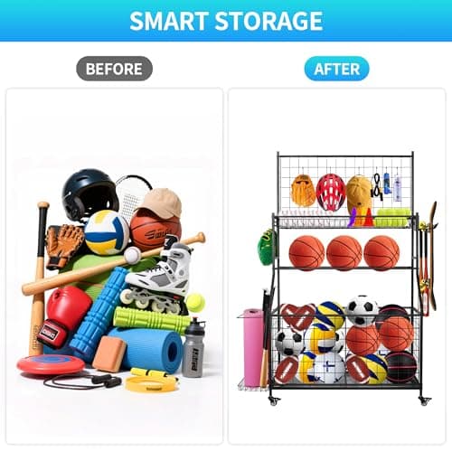 Sports Equipment Organizer,Garage Ball Storage Rack with Basketball Rack with Hooks and Rolling Wheels Cart-Black view 5