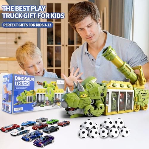 BYFWH Dinosaur Triceratops Truck Car Toy, Shooting Game with Storage Bay | Dinosaur Shooting Truck with Foldable Pod, 10 Mini Cars & 12 Soft Balls, Develops Kids Hand-eye Coordination view 3