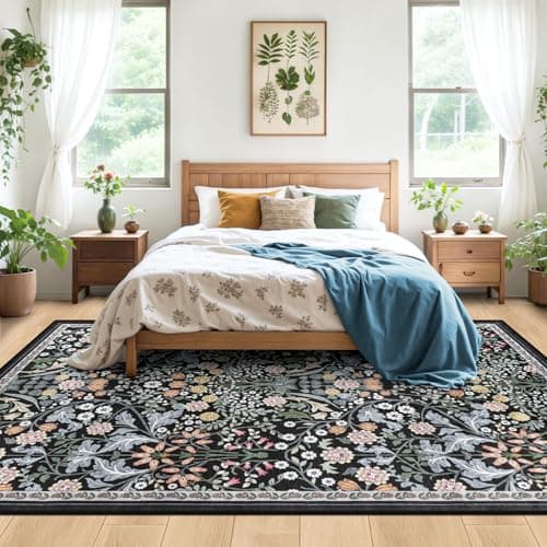 Area Rugs 9x12 Living Room: Floral Washable Rug Vintage Large Soft Boho Non-Slip Carpet Indoor Stain Resistant Low Pile Carpets for Bedroom Dining Room Farmhouse Nursery Hallway Home Office Dark Black view 3