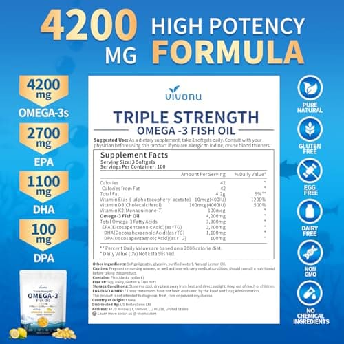 VivoNu Triple Strength Omega 3 Fish Oil - 4200mg, 300 Softgels | Enteric-Coated for No Fishy Aftertaste | Wild-Caught | Third-Party Tested view 2