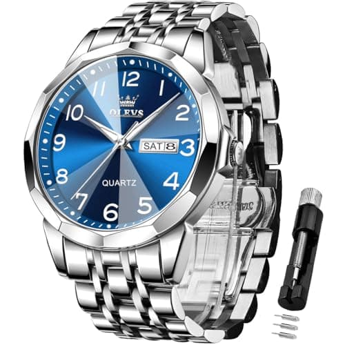 OLEVS Watch for Men Simple Business Dress Analog Quartz Black Strap Stainless Steel Waterproof Luminous Date Two Tone Luxury Casual Men Watch Blue