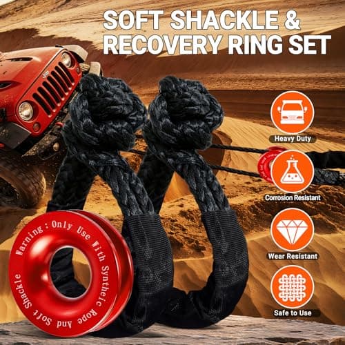 DAJOUJS Synthetic Soft Shackle Rope 1/2" x 22" Black Recovery Tow Shackles with Red Recovery Ring 56,000lb Breaking Strength Soft Shackle Recovery Kit for SUV ATV Truck Jeep, Safer Than Metal Shackle view 2