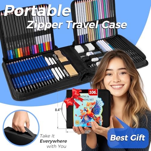 106 Pack Art Supplies Sketching Kit with 3-Color Sketchbook, Coloring Book, Tutorial, Graphite Colored Charcoal Watercolor & Metallic Pencils, Drawing Supplies Gift Case for Artists Beginners Adults view 2