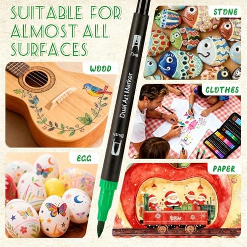 Dual Tip Markers for Adult Coloring Books No Bleeding – Gel Acrylic Paint (Fine & Brush) Pen for Drawing, Rock Painting, Journaling, Non Bleed Art Marker Pencil Set for Kids/Teens Washable. 12 Colors view 6